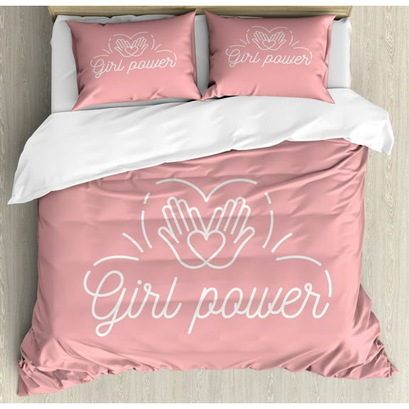 Girl Slogan Duvet Cover Set Queen Size, Simple Style with Lettering Girl Power Motivational Hands Union Typography, 3 Piece Bedding Set with 2 Pillow Shams, Baby Pink White, by Ambesonne