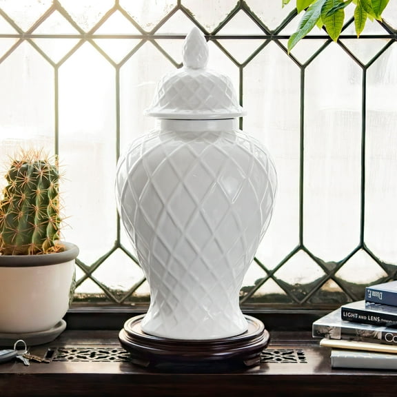 Red Lantern 20" Diamond Pattern White Temple Jar