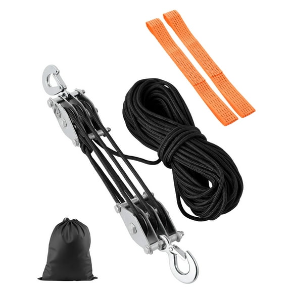 KFFKFF Pulley Hoist with 4400 lbs Tensile Strength, 100 FT Rope, 5:1 Lifting Ratio, Durable Pulley System with 2 Soft Loops, Metallic Wheel Bearing Structure, Block and Tackle