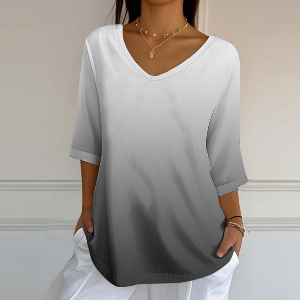 mfyjkho Tops Elegantes Para Mujer, Blusa Holgada Informal Con Estampado Para Mujer, Manga 3/4 Y Cuello En V Tops Para Hacer Ejercicio Para Mujer S