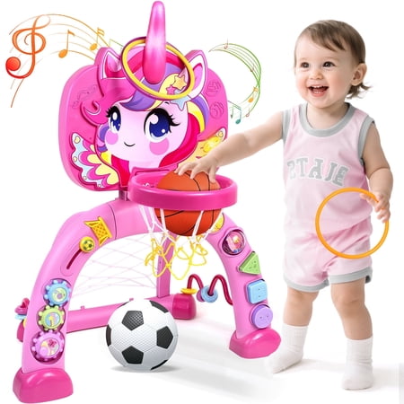 Marstone Toys for 1 Year Old Girl Gifts: Toddler Basketball Hoop and Soccer Goal with Sound and Music Educational Sport Toys for Kids 1-3 1st First 12-18 Month Birthday Present