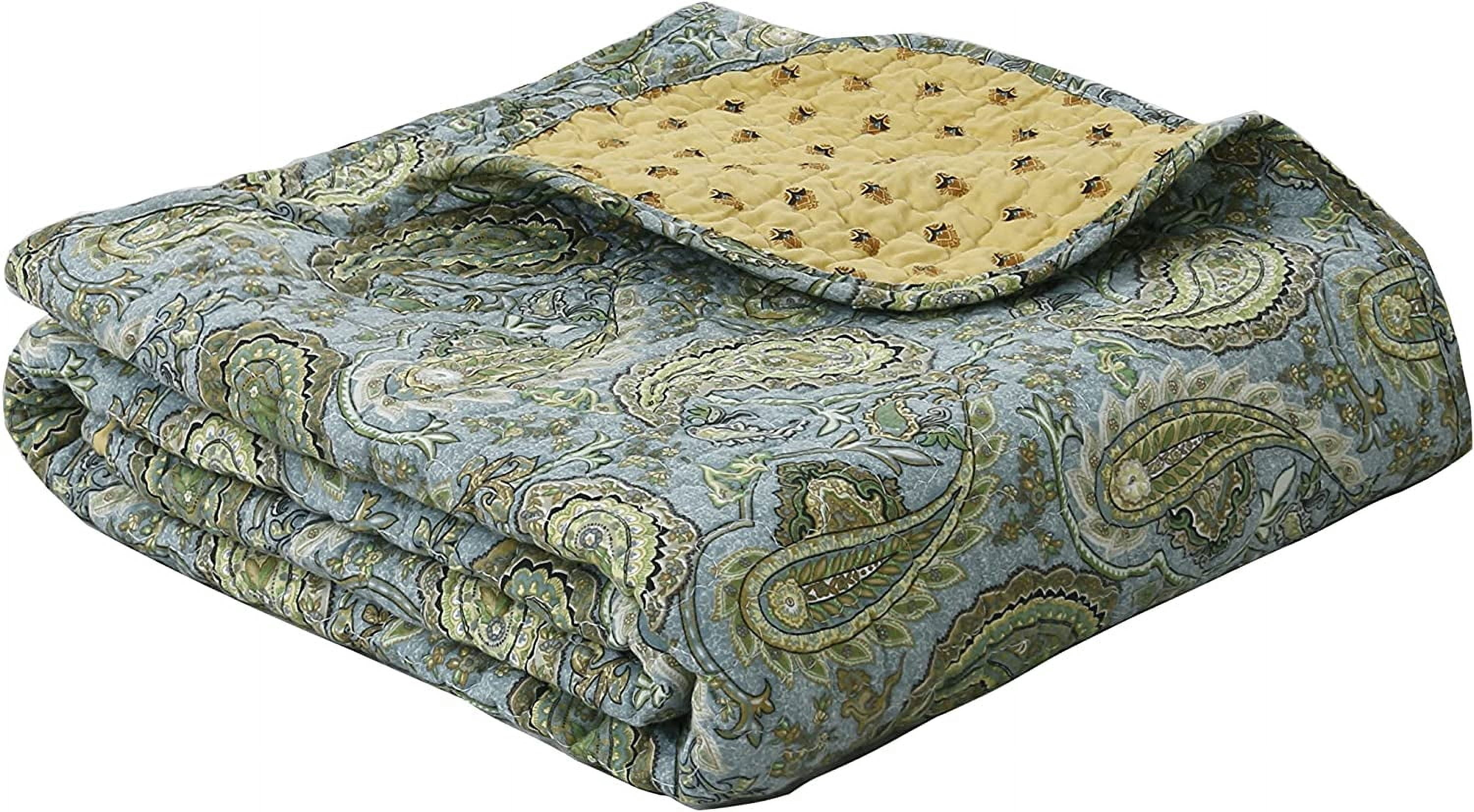 Cozy Line Green Paisley Print 100% Cotton Reversible Quilted Throw Blanket