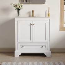 ANGELES HOME30" White Bathroom Vanity with Ceramic Countertop & Sink, Solid Wood Cabinet with 2 Doors 1 Drawer, Soft Close, Brushed Gold Handles