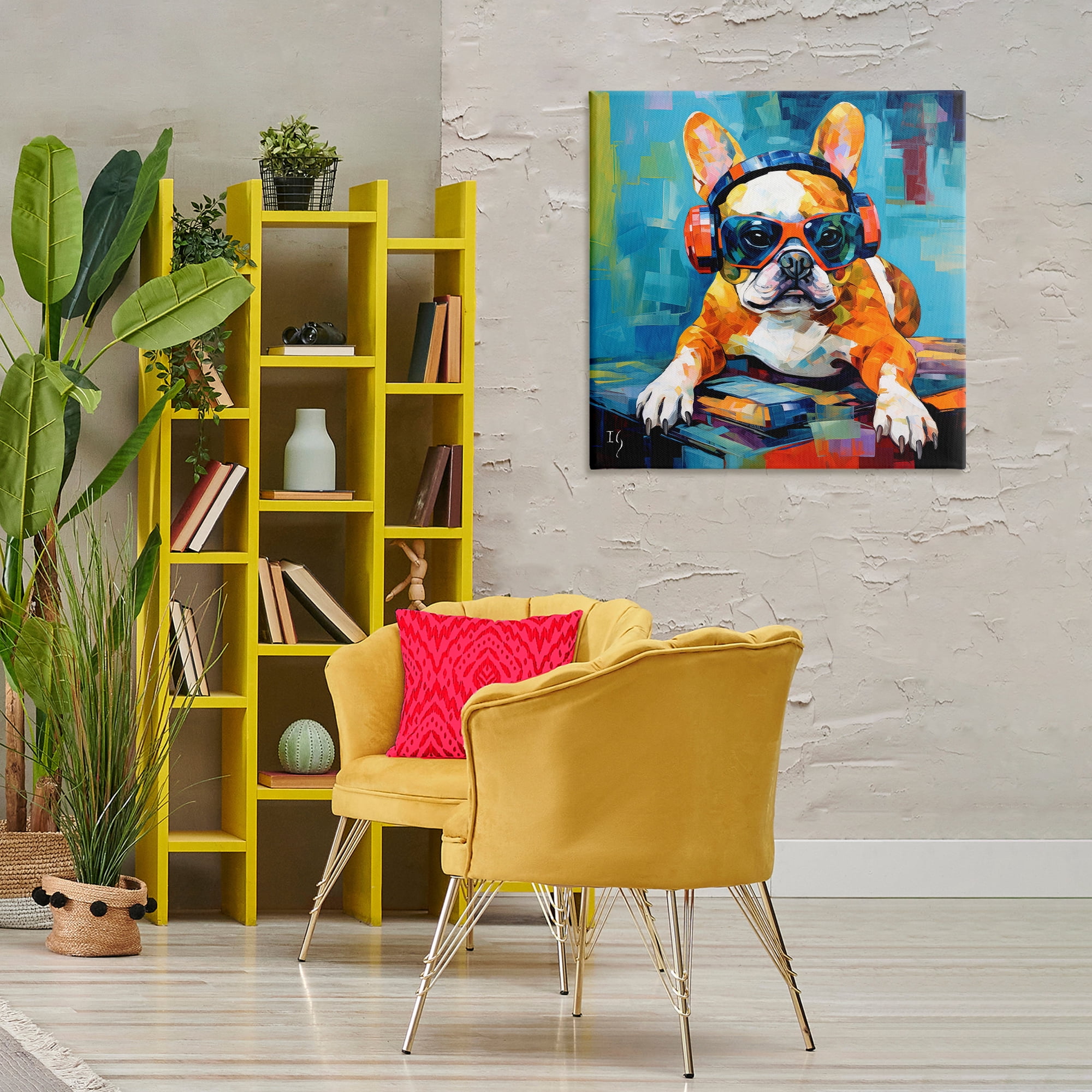 Stupell Industries French Bulldog with Headphones Animals & Insects Painting Gallery Wrapped Canvas Art Print Wall Art, 30 x 30