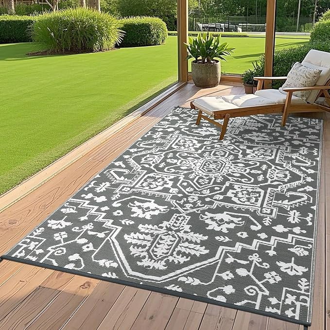 Waterproof Outdoor Rug 9x18 Reversible Plastic Straw Patio Rug, Stain-Resistant Vintage Medallion Carpet, Large Indoor Outdoor RV Mat for Deck, Camping, Balcony, Grey White