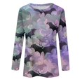 thumbnail image 4 of JULMCOMO Plus Size Halloween Shirts for Women Funny Pumpkin Castle Bat Print Crew Neck Long Sleeve Shirts Holiday Costume Tunic Tops Purple 4XL, 4 of 5