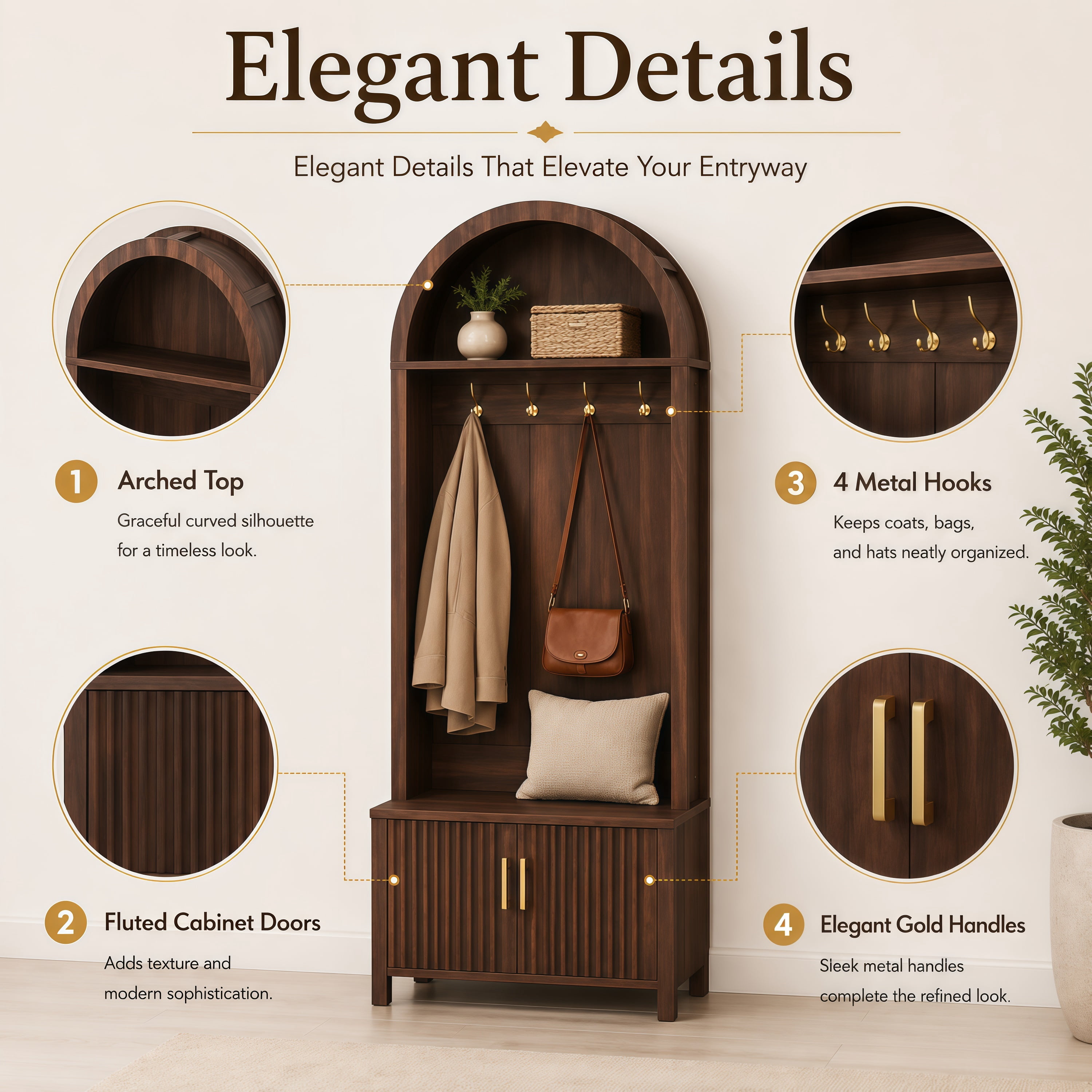 Aukfa 70.3" Arched Hall Tree with Bench and Shoe Storage Cabinet, 4 Hooks, Walnut