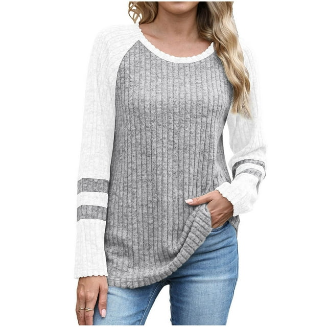 Enjoytime Hauts pour Femmes Patchwork Col Rond Manches Longues Chemises Habillées Décontractées Blouses de Bureau Automne Tendance Amples Vêtements d'Hiver Gris P