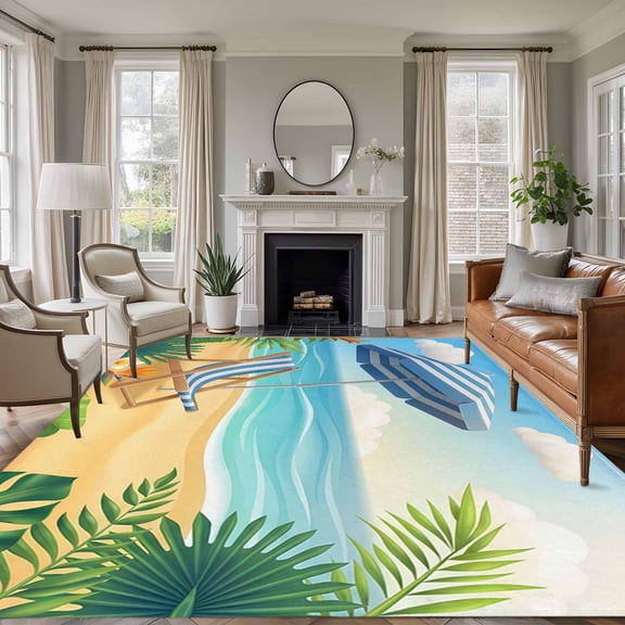 Coastal Beach Area Rugs 8'x10', Washable Small Throw Rugs for Living Room Patio, Cartoon Summer Ocean Chairs Sky Blue Waves Indoor Outdoor Rug Non-Slip Low Pile Carpet Runner Reversible Floor Mats