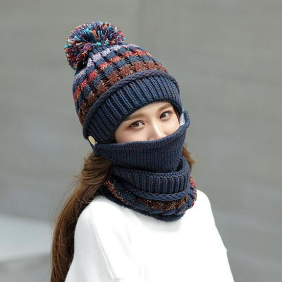 HESHENG Winter Knitted Beanie Hat Women Face Cover Scarf 3 in 1 Thick Warm Knit Cap with Pompom Cap Set, Navy Blue