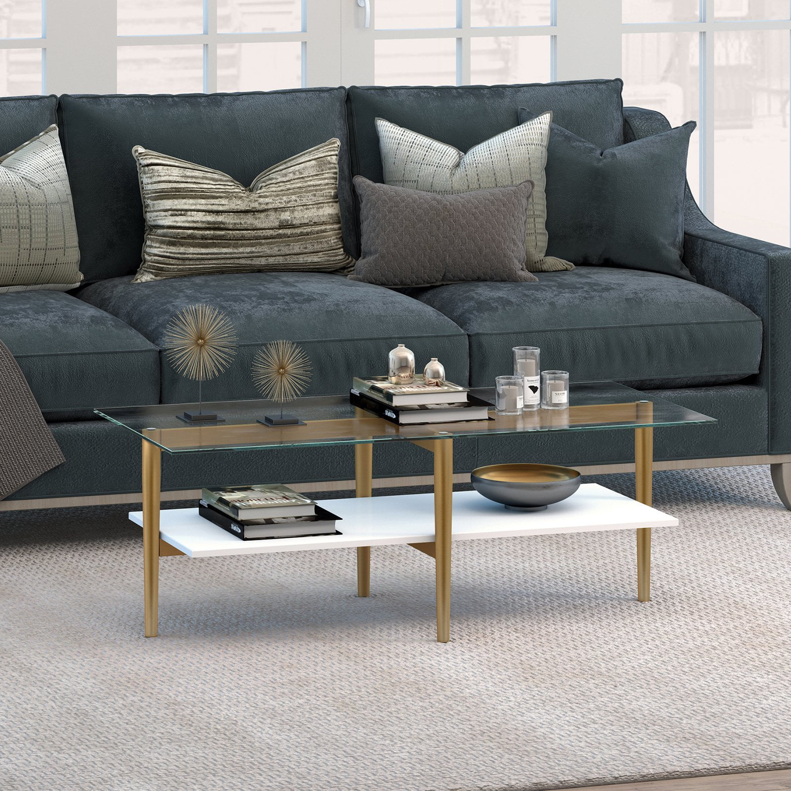Evelyn&Zoe Otto 47" Wide Rectangular Coffee Table with Faux Marble Shelf, Blackened Bronze/Faux Marble