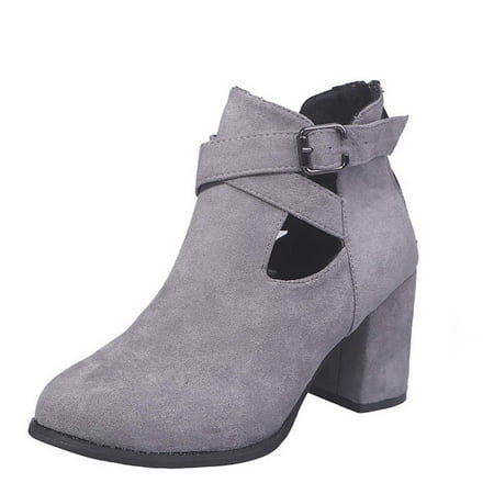 

hopeusnice Women s Chunky Suede Ankle Boots Hollow Out Ladies Ankle Boots Slip On Comfy Shoes Mid Heel Short Booties Gray 38