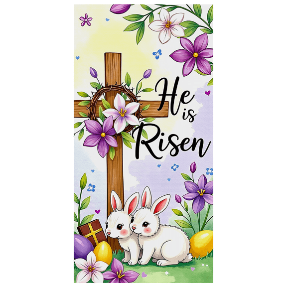 Colorful Design Easter Cross Banner Decorative Floral Bunny He is Risen for Spring Decoration Religious Event Holiday Celebration