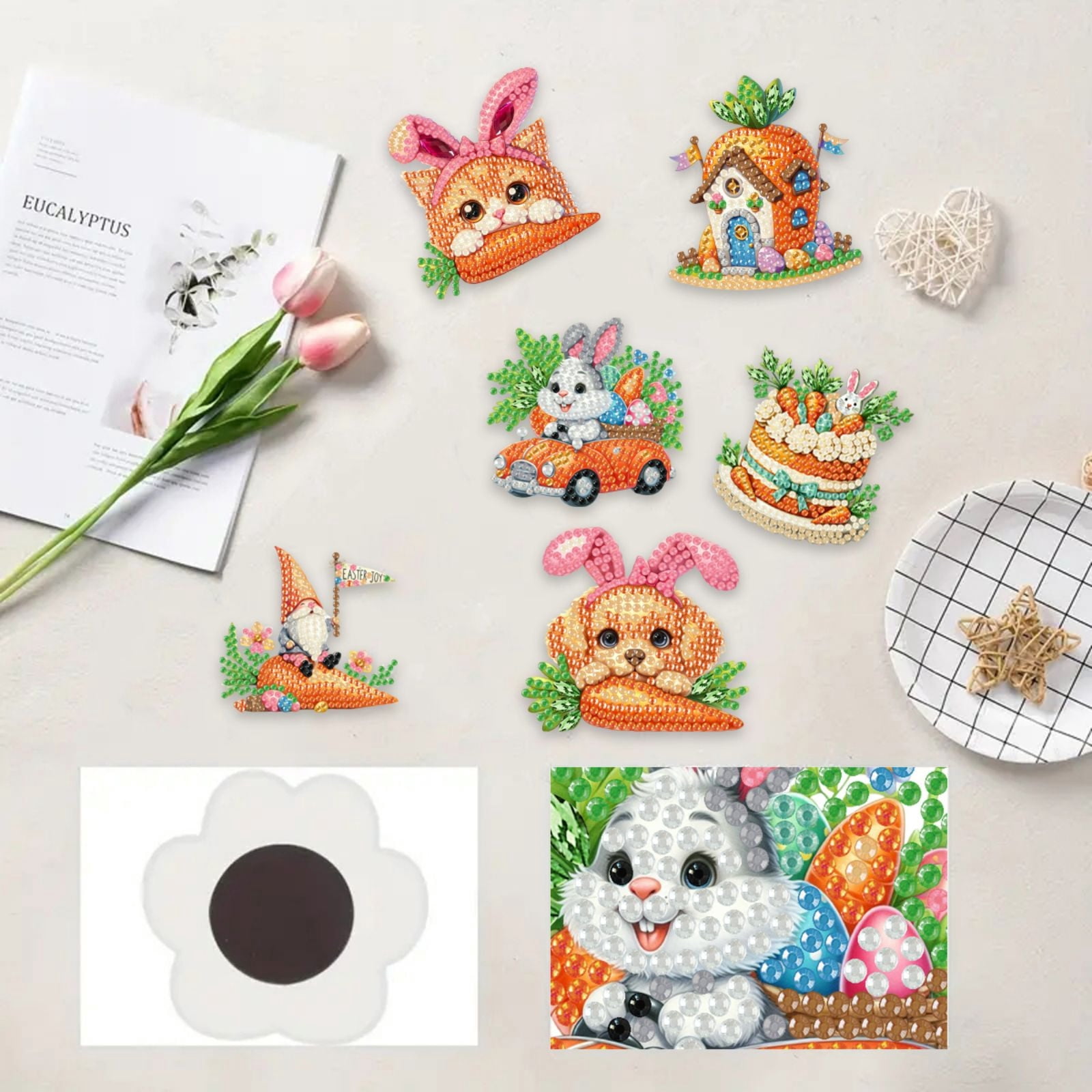 FLOPESN 6Pcs Holiday DIY Diamond Art Painting Refrigerator Magnet,Creative Design Easter St. Patrick's Day Acrylic Home Decors-Carrots
