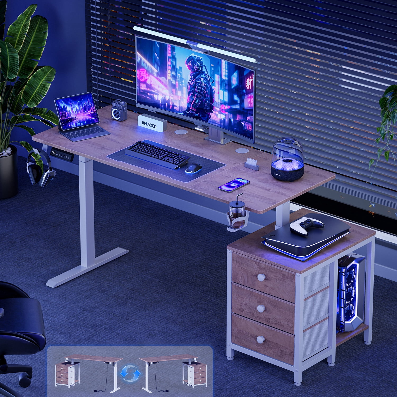 GUNAITO 55.1" Electric Standing Desk with 3-Drawer Cabinet, Adjustable Height Desk with Memory Panel, Office & Gaming Desk，Nutural