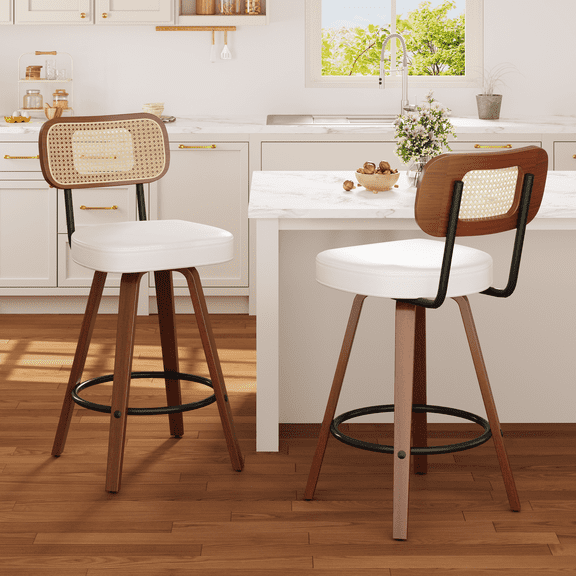 BUPPLEE Set of 2 Swivel Counter Stools with Rattan Back, Upholstered Bar Chairs with Thick Cushion, Solid Wood Frame & Metal Footrest