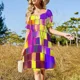 thumbnail image 5 of Vestido de manga corta con estampado de hojas abstractas de Maldivas en verde lima y azul marino brillante., 5 of 8