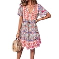 thumbnail image 3 of Women'S V Neck Patchwork Dress Bohemian Print Mini Skirt Summer Casual Beach Chic Orange M, 3 of 7