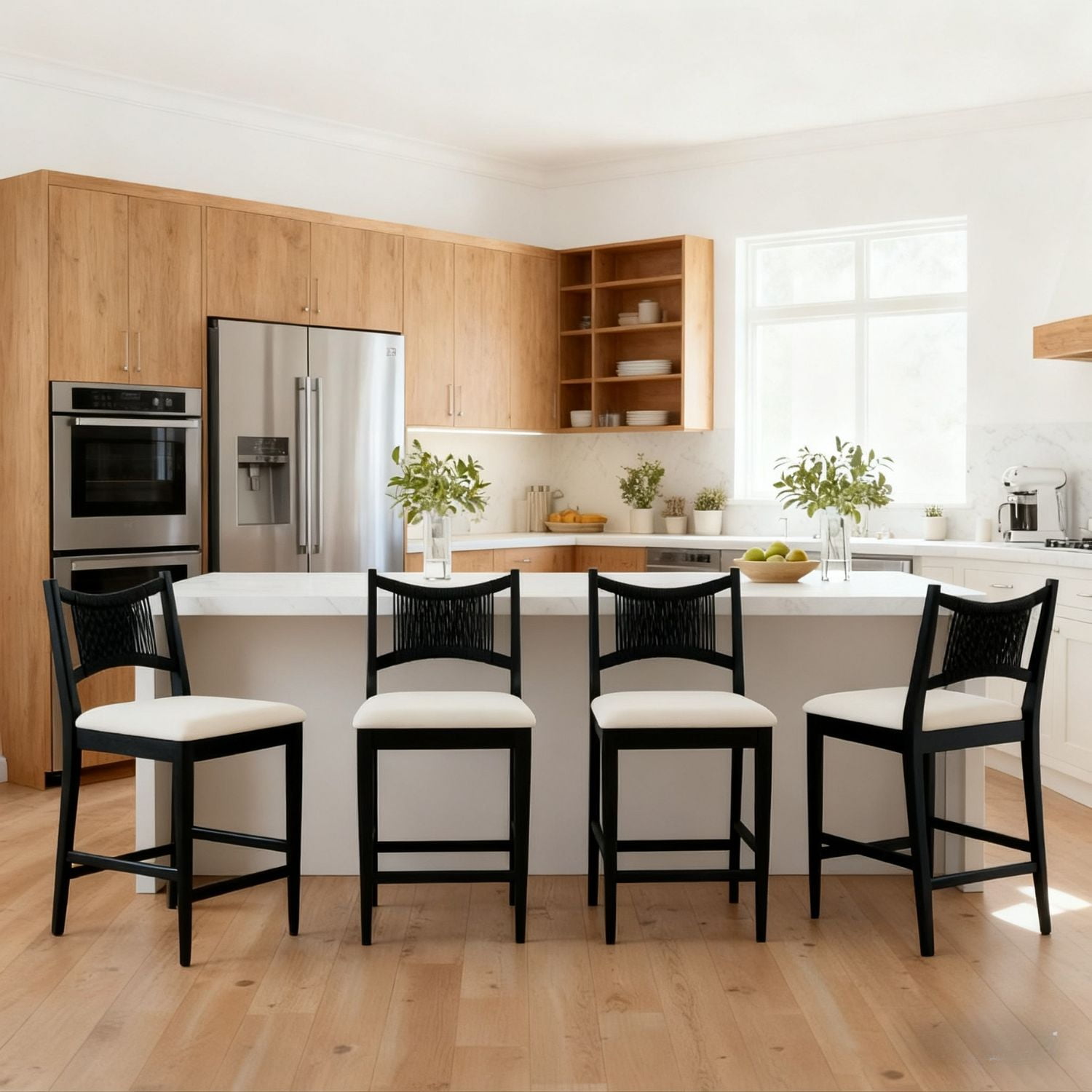Dayalane Farmhouse Bar Stools Set of 4, 25.5" Counter Height Bar Stools with Paper Cord Woven Back and Solid Wood Frame, Chenille Upholstered Kitchen Island Chairs for Dining Room Home Bar, Black