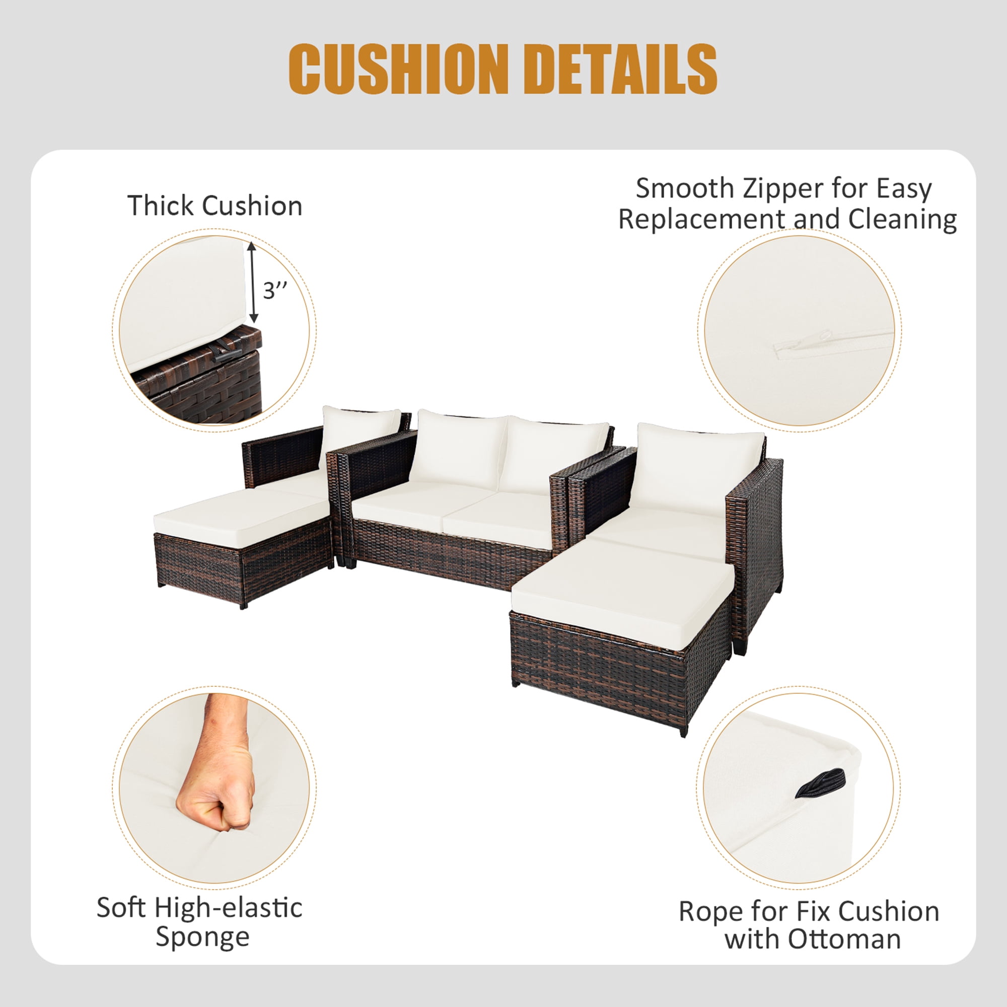 Gymax 5PCS Outdoor Patio Rattan Conversation Sofa Furniture Set w/ White Cushions