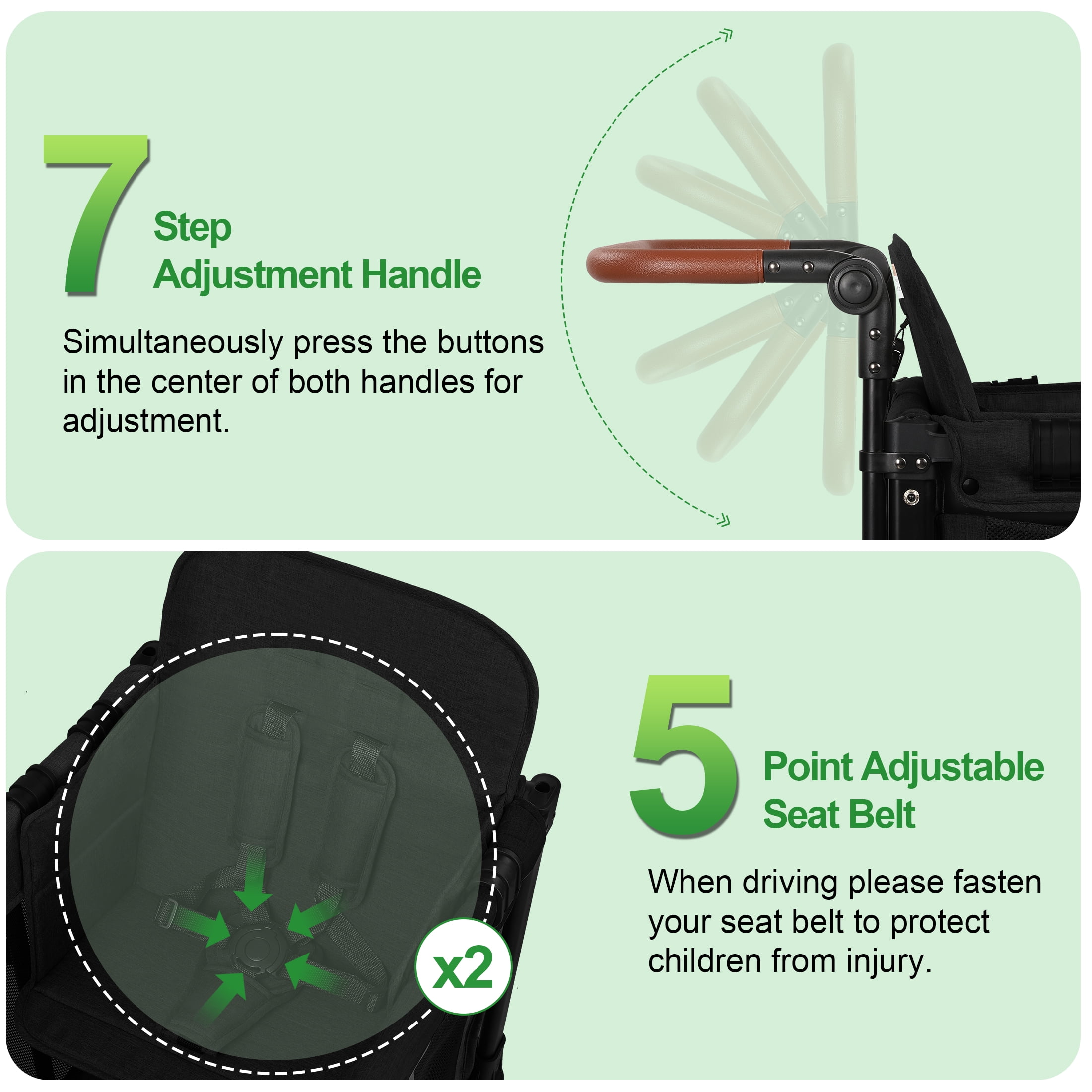 Vomeast Wagon Stroller for 2 Kids, 3-in-1 Outdoor Baby Stroller Wagon with Canopy, 5-Point Harness, Adjustable Handlebars, Removable Seat for Toddlers, Black