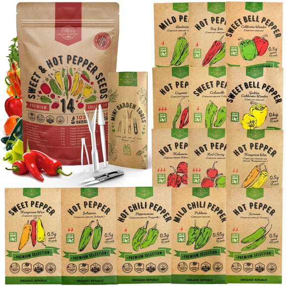 Organo Republic 14 Sweet & Hot Peppers Seeds Variety Pack - 1,030 Non-GMO Heirloom Pepper Seeds