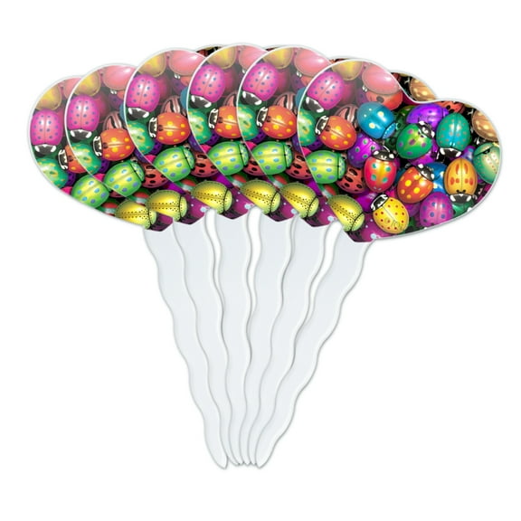 Ladybug Lady Bug Rainbow Heart Love Cupcake Picks Toppers Decoration Set of 6