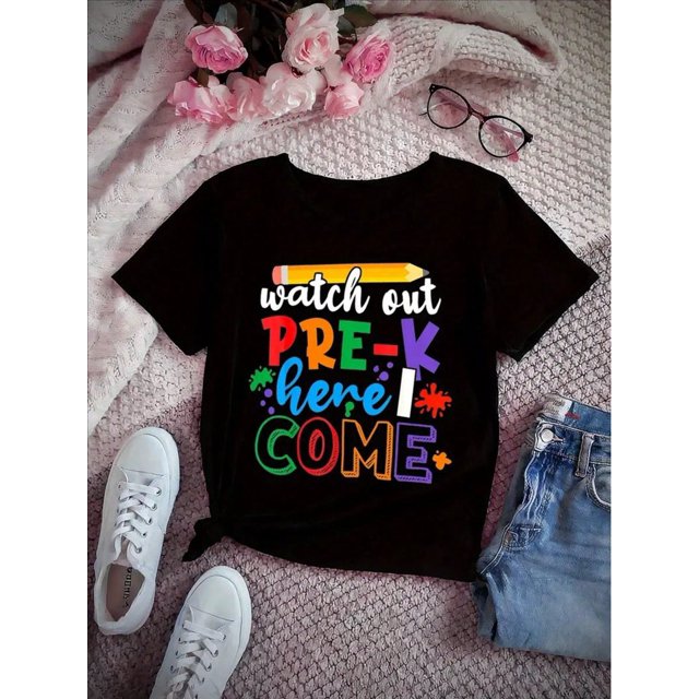 Girls' " Watch Out Pre-K Here I Come" First Of Pre-K T-Shirt - Black Cotton Short Sleeve Crew Neck Tee With Playful Lettering & Stars, Back To School Youth Top
