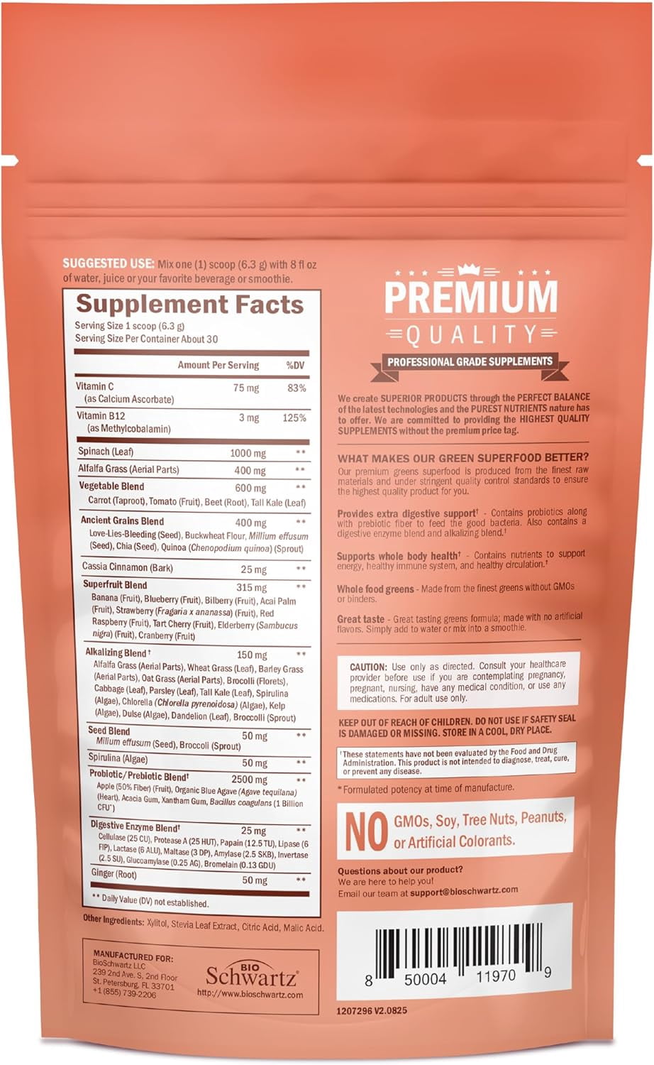 BioSchwartz Super Greens Powder with Probiotics, Prebiotics & Digestive Enzymes, 43 Green Superfoods Including Spirulina & Chlorella, 30 Servings