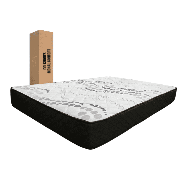 colchón matrimonial en caja con 20 cm de alto legacy rest Colchón matrimonial de 20 cm con núcleo de espuma de poliuretano aglutinada, forro de tela con tacto algodón y acolchado de fibra Delcron; vista 3/4 frontal sobre fondo blanco, borde lateral negro acolchado y superficie blanca con patrón gris; incorpora sistema AIR FLOW para circulación de aire y se entrega comprimido en caja para transporte. Suele usarse también como opción temporal en cuartos de huéspedes por su embalaje compacto.