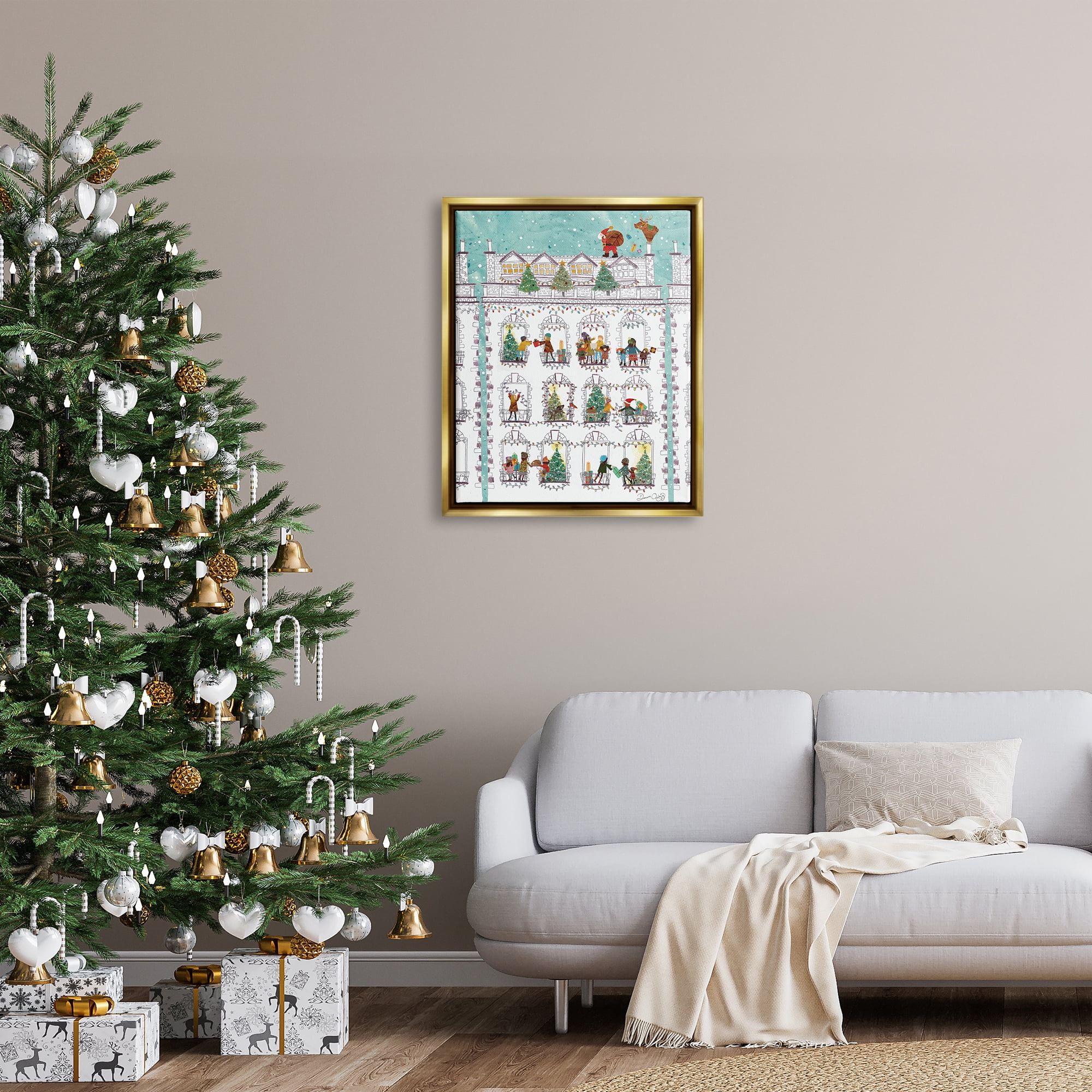 Stupell Industries Santa Claus Gifts City Rooftop Holiday Painting Gold Floater Framed Art Print Wall Art