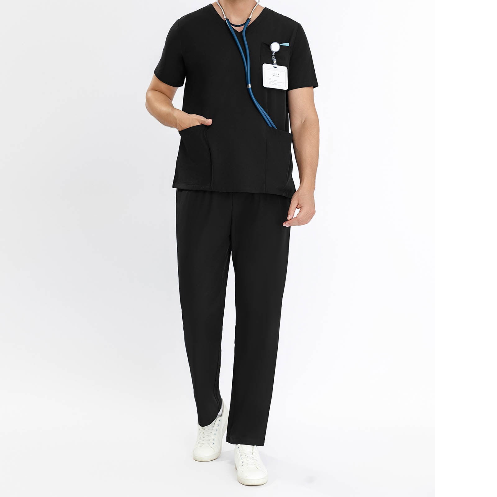 LoyisVidion Unisex Short-Sleeve V-Neck Uniform Set for Healthcare Professionals Men Working Uniform Pocket Short Sleeve Blouse+Long Pants Two-Piece Sets