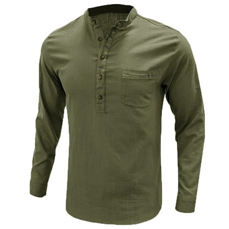 Fesfesfes Blouse Shirt for Men Linen Long Sleeve Stand Collar V Neck Pullover Shirt Pocket Button Top Clearance Under $10