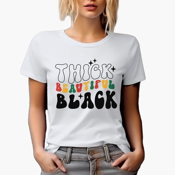 Thick, Beautiful, Black, Retro Groovy Wavy Black History Month Text Art Merch Gift, White T-Shirt, Small