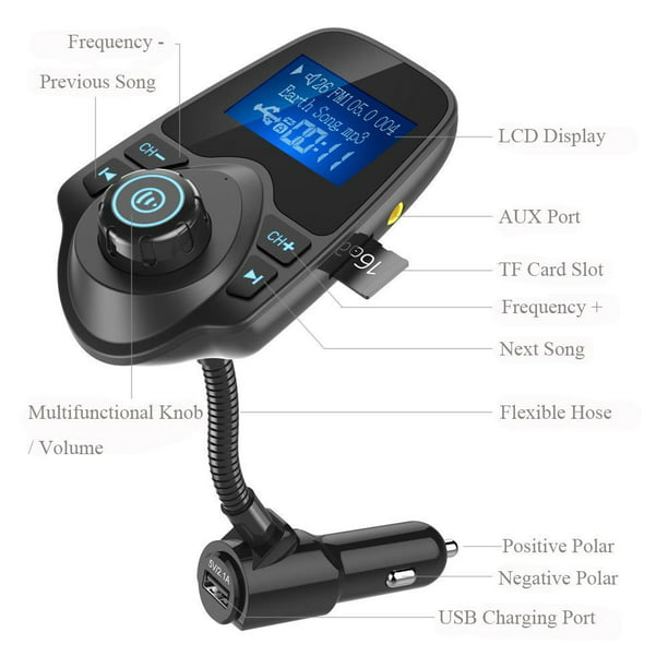 Nulaxy Bluetooth Car FM Transmitter Audio Adapter Receiver Wireless  Handsfree Voltmeter Car Kit TF Card AUX 1.44 Display - KM18 Black Matte