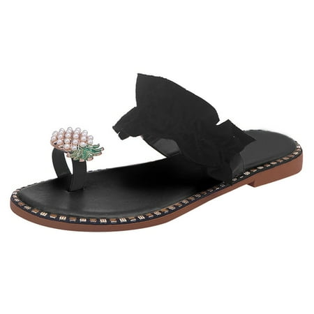 

Krdevn Women Girls Pearl Flat Bohemian Style Casual Sandals Slippers Beach Shoes Black 6.5-7