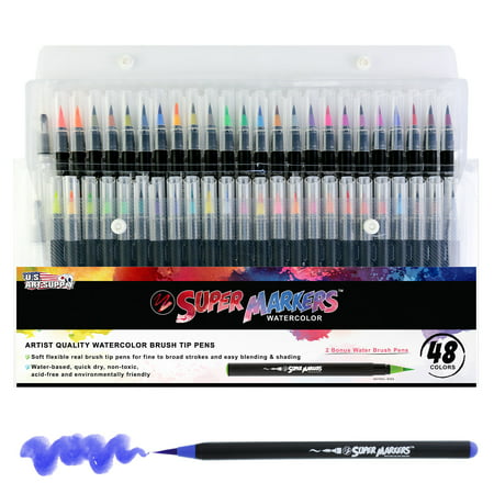 48 Color Super Markers Watercolor Soft Flexible Brush Tip Pens Set - Fine & Broad Lines, Vibrant (Best Watercolor Brush Pens)