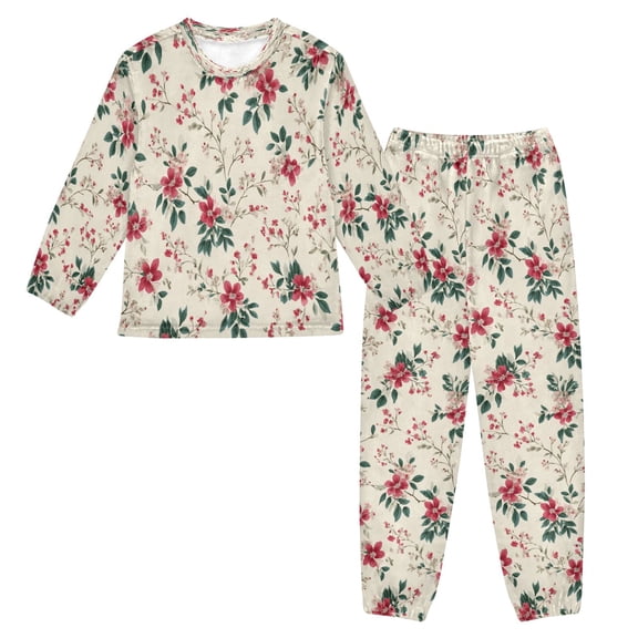 Fluffy Pajamas Set Fuzzy Winter Warm Pj Sets Pullover Tops and Long Pants Red Small Floral Pattern X-Small
