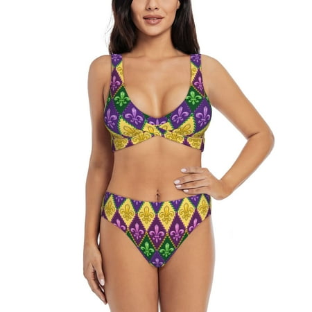 Zeuib Mardi Gras4 High Waisted Tummy Control Bikini Set - Knot Front Push Up Top & Cheeky Thong Bottom  Two-Piece Swimsuit for Women-Medium