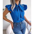 thumbnail image 4 of Blusas de gasa con cuello de pajarita de verano para mujer, camisas de manga con volantes elegantes de Color puro adelgazantes con cordones para mujer, azul M, 4 of 8