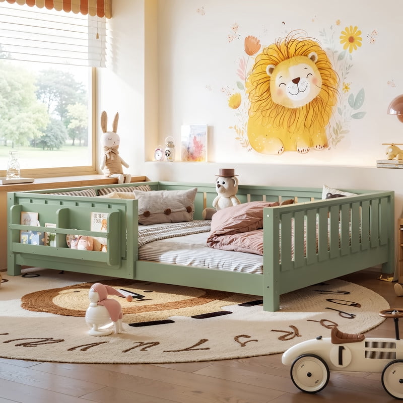 URTR Full Size Montessori Floor Bed with Storage Bookshelf and High-Quality Safety Guardrail, Wooden Full Floor Bed Frame, Wooden Platform Bed, Low Profile Full Bed with Fence and Headboard, Green