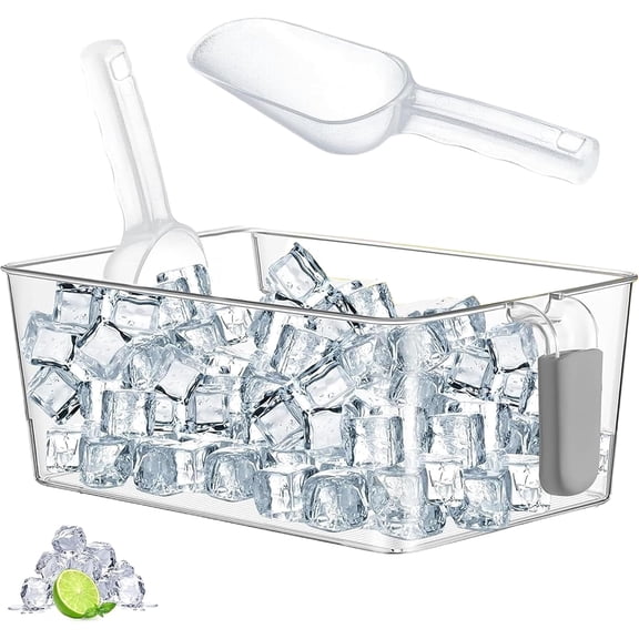 Freezer Ice Bucket with Scoop: Clear Ice Container Ice Bin with Pull out Handle, Plastic Ice Bucket for Freezer Kitchen Storing Ice Cubes Vegetables Fruits,12 x 5x 4.3 in (Gray, Small)