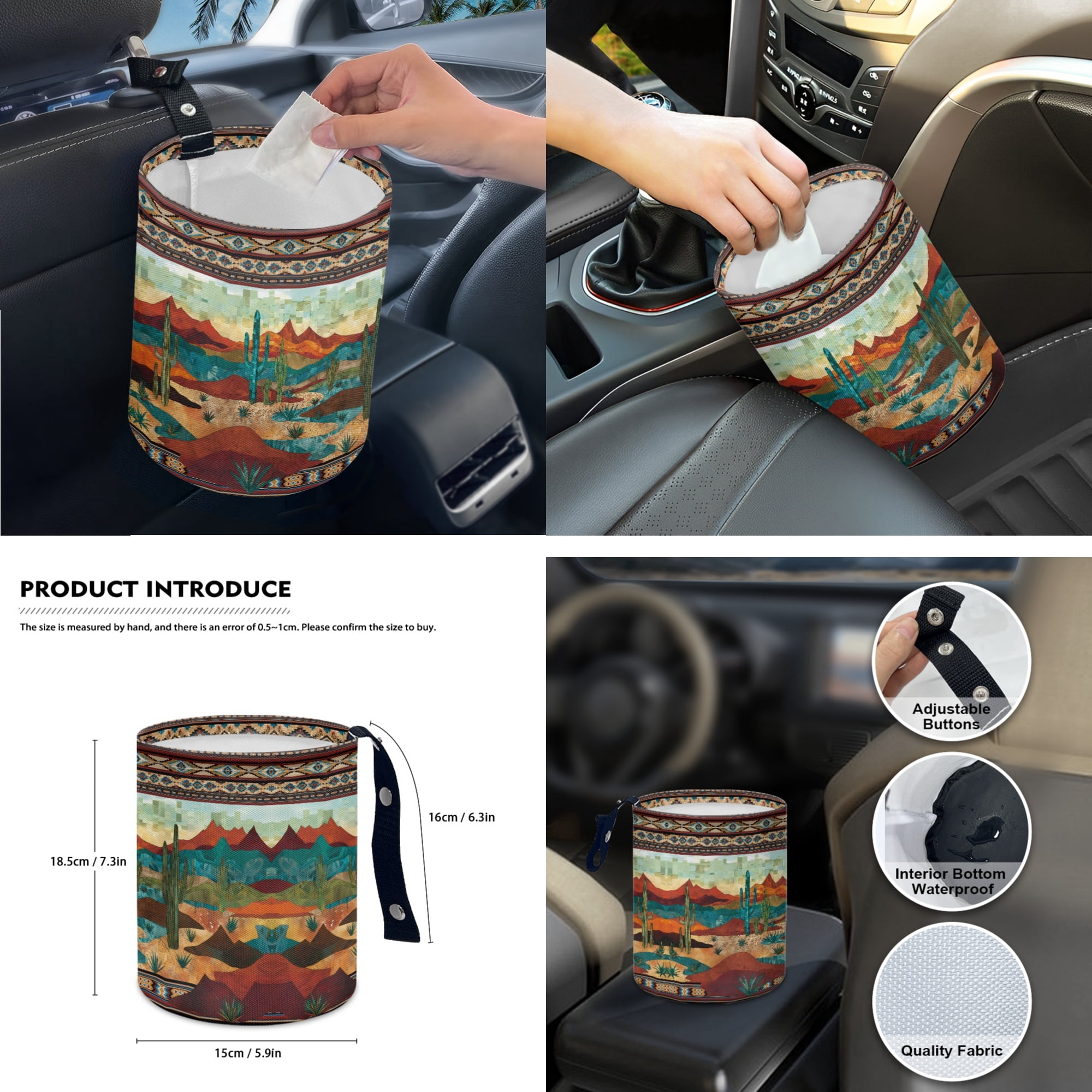 Yuyamidu 14pcs Western Aztec Car Seat Cover Split Cover Cactus Steering Wheel Cover Seatbelt Pads Auto Armrest Cover Trash Bin Rearview Mirror Cover Handbrake Cover Set Cup Coasters
