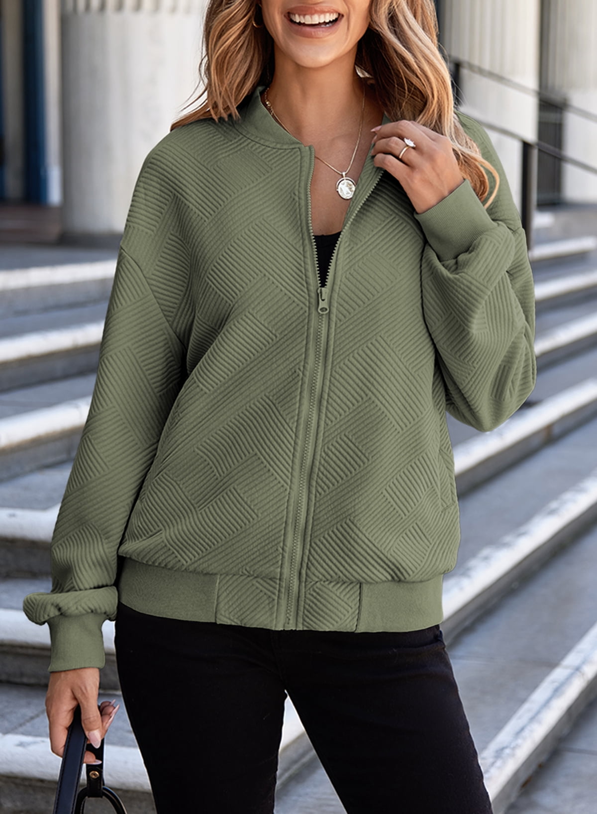 Eytino Womens Bomber Jacket Womens Jackets Coat Casual Long Sleeve Stand Collar Zip Up Lightweight Fall Jackets with Pockets Green