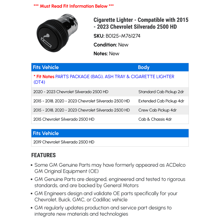 2023 chevy silverado cigarette lighter location Cigarette Lighter - Compatible with 2015 - 2023 Chevy Silverado 2500 HD  2016 2017 2018 2019 2020 2021 2022