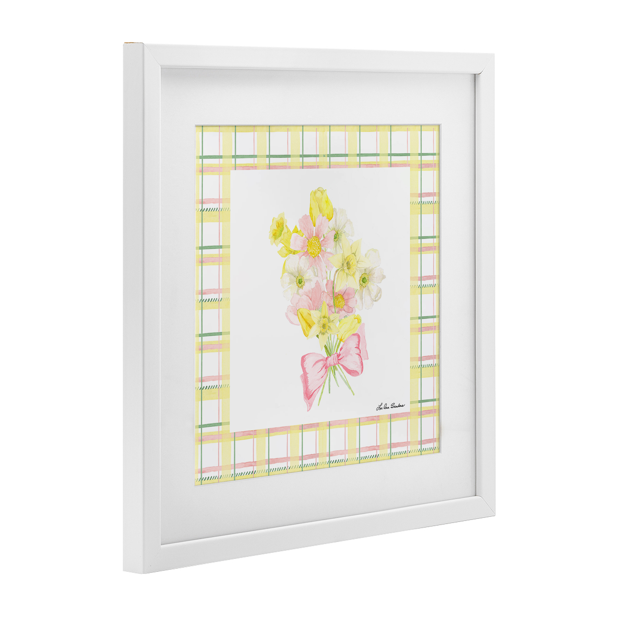 Spring Daffodils on Plaid White Framed Print Under Glass, design by Lee Ann Sanders