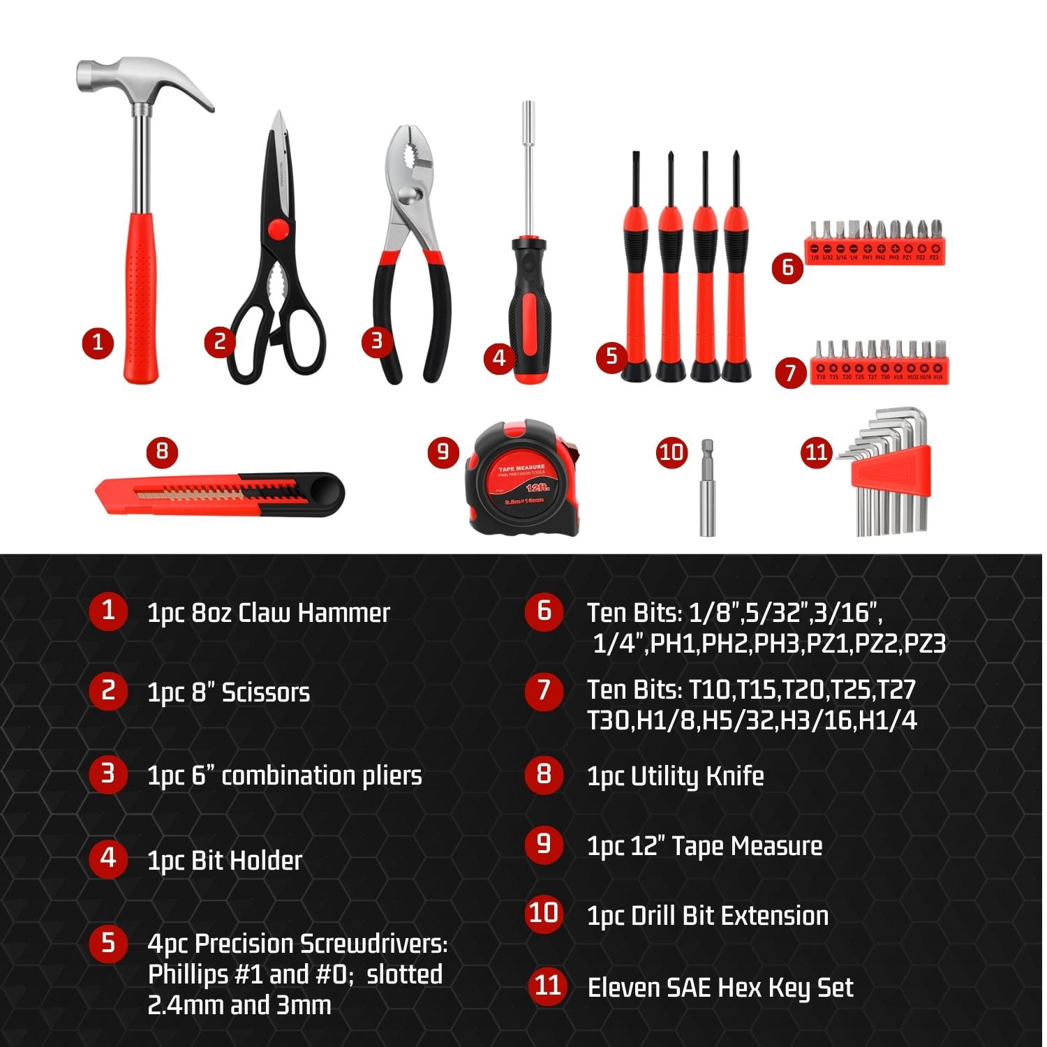 Tool Set Box - Hand Tool Kit & Accessories For General Household DIY Home Repair with Plastic Toolbox Storage Organizer Case - Homeowner's Tool Kit (Red & Black)
