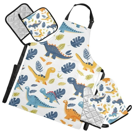 

5 Pcs Kitchen Set Heat Resistant Oven Mitts and Non-Slip Pot Holders with Adjustable Cooking Apron Cartoon Dinosaur and Leaf
