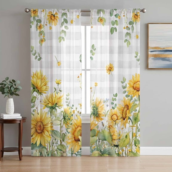 Sunflower Sheer Curtains 96 Inch Length 2 Panels Set, Summer Eucalyptus Botanical Floral Grey Plaid Voile Window Treatment Semi Sheer Long Curtains Drapes for Bedroom/Living Room/Kitchen 52"x96"x2