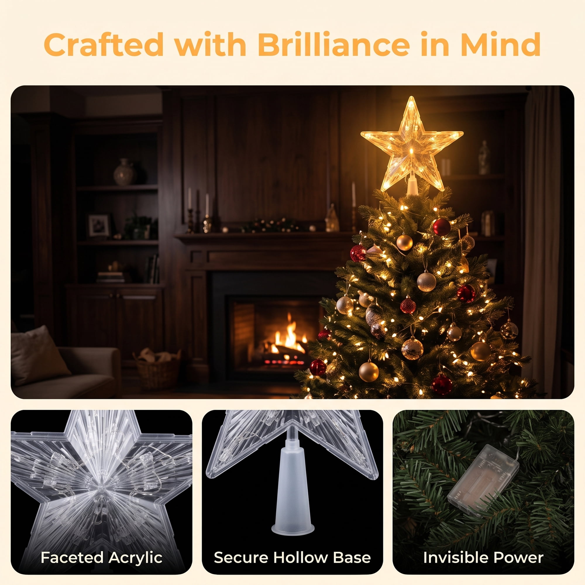 Unique Bargains Tree Finial Battery Operated Spring Mount Star Stripes Warm White 7.9"